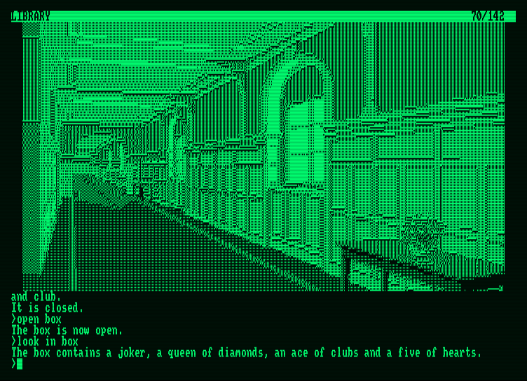 Guild of Thieves, The Amstrad PCW Screenshot: Look in the box; hmm, some cards are here...