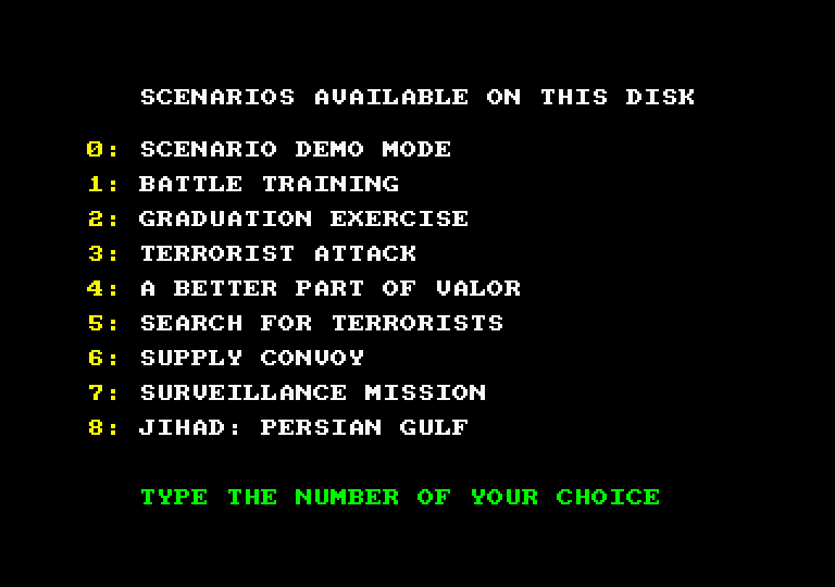 PHM Pegasus Amstrad CPC Screenshot: Scenario selection.