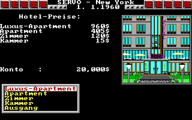 Yuppi's Revenge IBM PC/Compatibles Screenshot: Visiting a hotel.