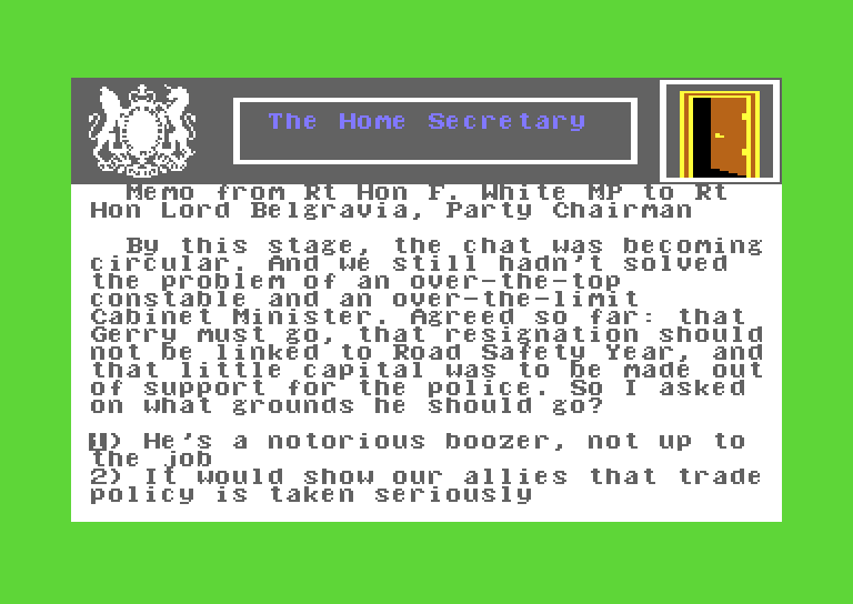 Yes, Prime Minister Commodore 64 Screenshot: Another memo...