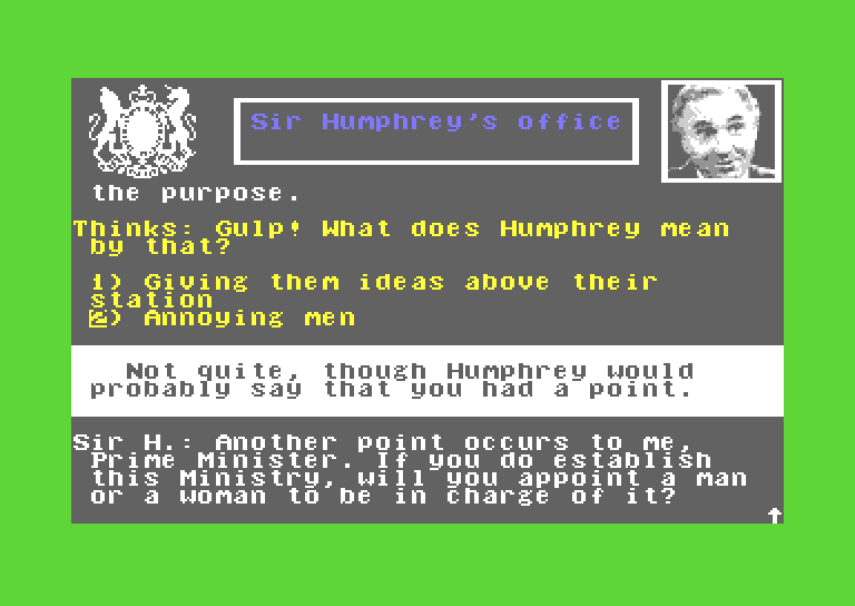 Yes, Prime Minister Commodore 64 Screenshot: Answering some questions...