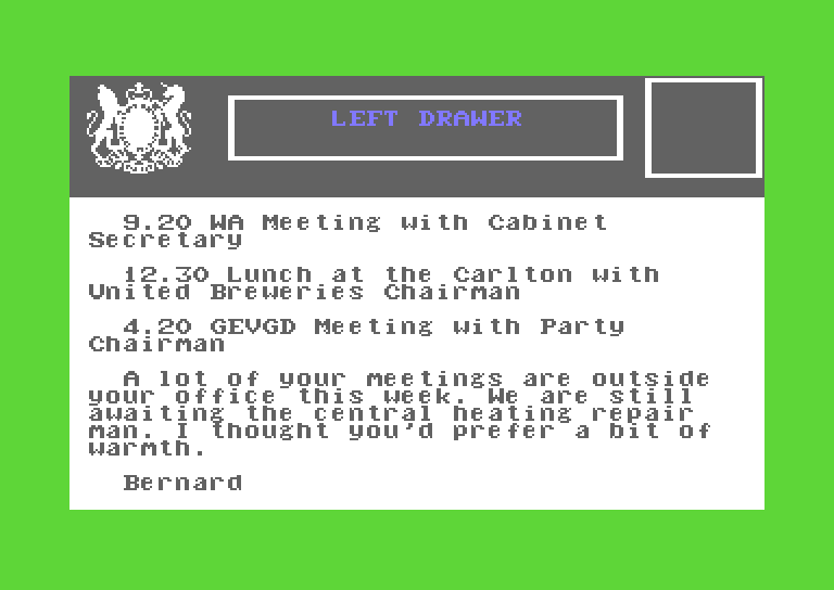 Yes, Prime Minister Commodore 64 Screenshot: Here's what's in the left drawer.
