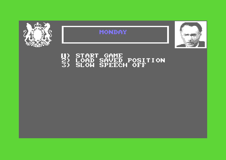 Yes, Prime Minister Commodore 64 Screenshot: The main menu.