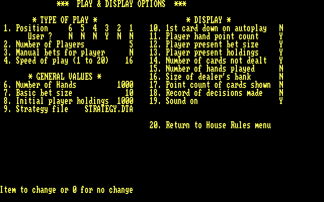 Blackjack IBM PC/Compatibles Screenshot: Gameplay and display options.