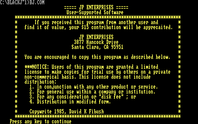 Blackjack IBM PC/Compatibles Screenshot: Game introduction.
