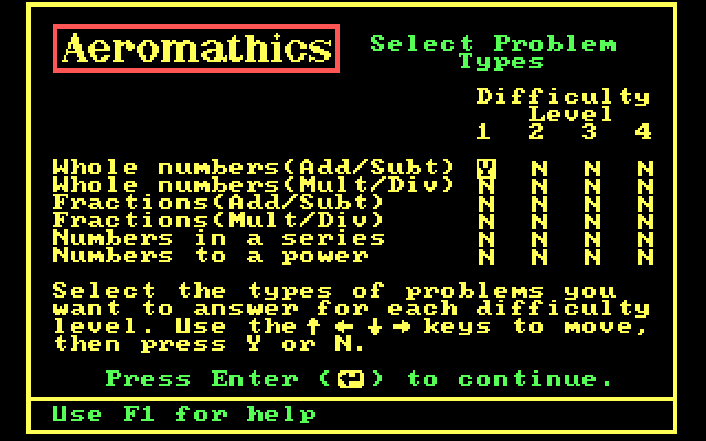Aeromathics IBM PC/Compatibles Screenshot: You can select the types of problems you want the game to use.