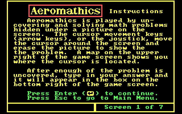 Aeromathics IBM PC/Compatibles Screenshot: Part of the instructions.