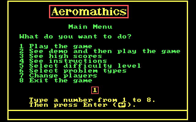 Aeromathics IBM PC/Compatibles Screenshot: The main menu.