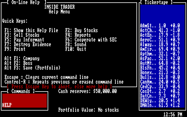 Inside Trader: The Authentic Stock Trading Game IBM PC/Compatibles Screenshot: The help screen.