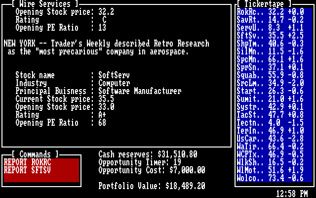 Inside Trader: The Authentic Stock Trading Game IBM PC/Compatibles Screenshot: View reports on stocks.