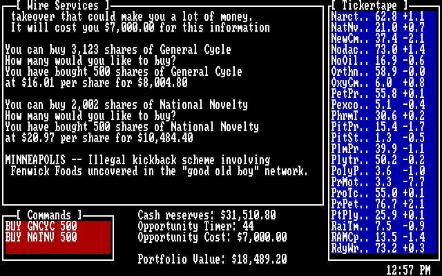 Inside Trader: The Authentic Stock Trading Game IBM PC/Compatibles Screenshot: Buying and selling stocks.