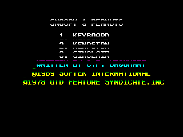 Snoopy: The Cool Computer Game ZX Spectrum Screenshot: Main menu.