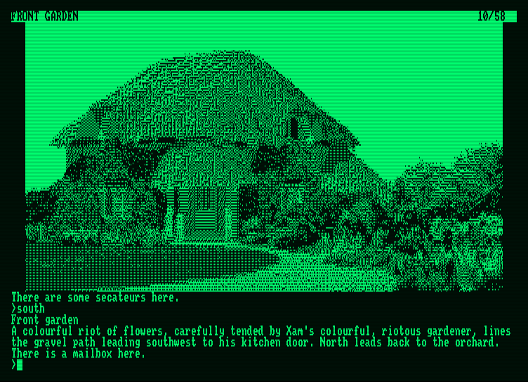 Jinxter Amstrad PCW Screenshot: Flowers are everywhere here...