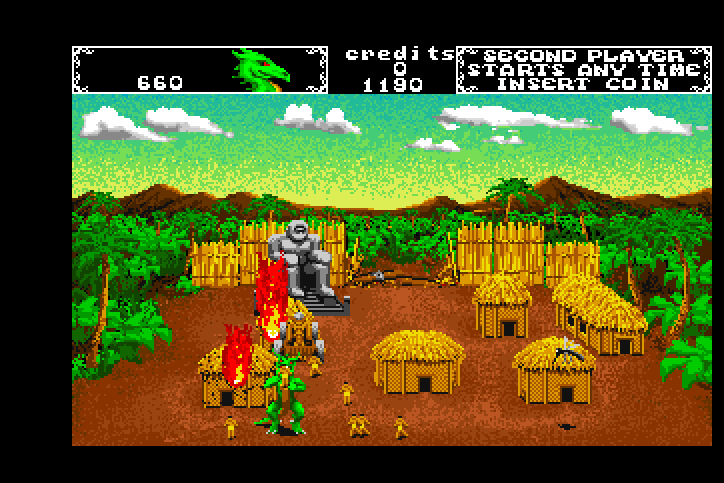 AAARGH! Arcade Screenshot: Destroying buildings and eating people...