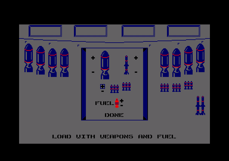 Ace of Aces Amstrad CPC Screenshot: Stock up on some weapons and fuel.