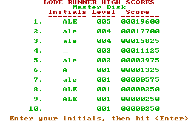 Lode Runner IBM PC/Compatibles Screenshot: High scores.