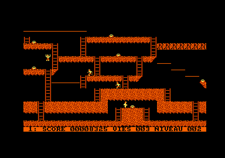 Lode Runner Amstrad CPC Screenshot: The thicker platforms make this level trickier.