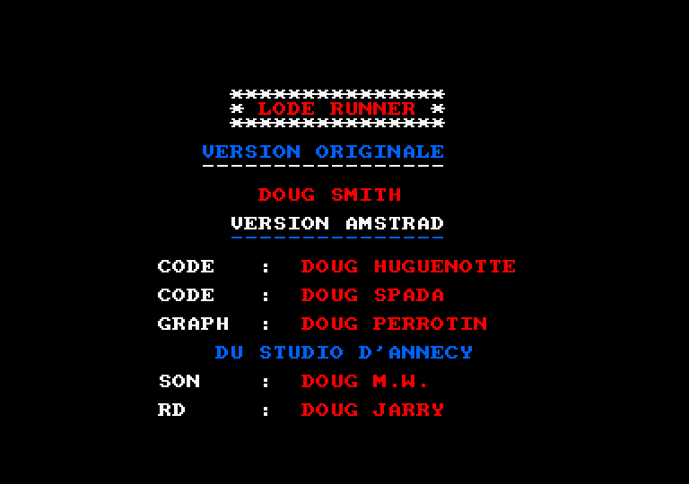 Lode Runner Amstrad CPC Screenshot: Credits screen.