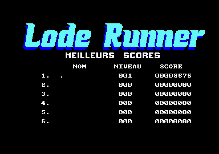 Lode Runner Amstrad CPC Screenshot: Game over; here's the high score table.