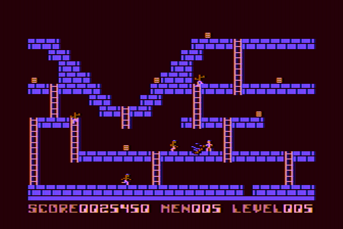 Lode Runner Atari 8-bit Screenshot: Blast holes in the platform to slow opponents down...