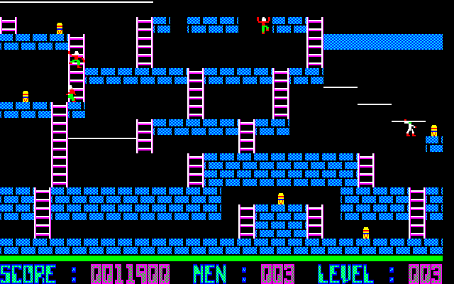 Lode Runner Sharp X1 Screenshot: You (and your opponents) can climb across the white lines to reach new platforms.