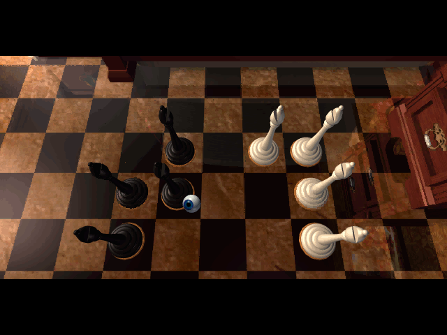 7th Guest, The IBM PC/Compatibles Screenshot: The goal is to swap the white and black bishops without any pieces being captured...