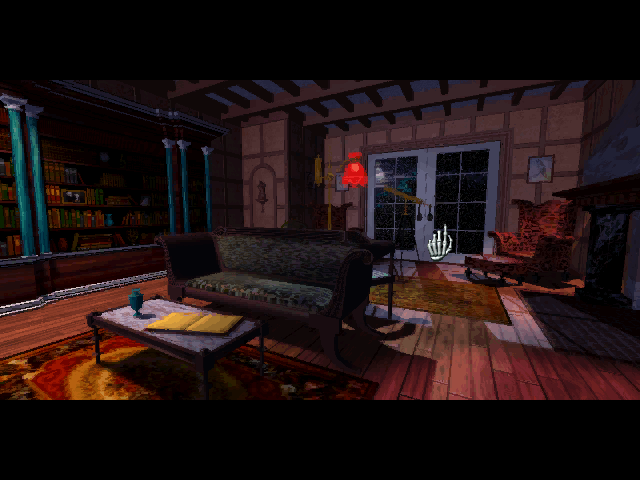 7th Guest, The IBM PC/Compatibles Screenshot: The library; the hand indicates you can go forward.