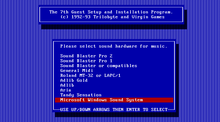 7th Guest, The IBM PC/Compatibles Screenshot: Sound hardware options (Version 1.3).