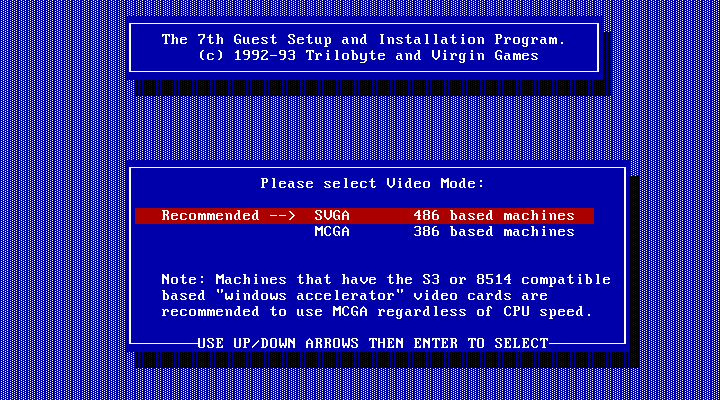 7th Guest, The IBM PC/Compatibles Screenshot: Video mode selection menu.