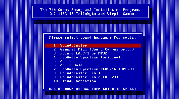 7th Guest, The IBM PC/Compatibles Screenshot: Music hardware options.