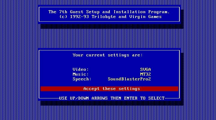 7th Guest, The IBM PC/Compatibles Screenshot: Current settings...