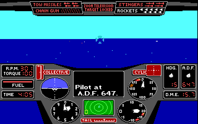 Thunderchopper IBM PC/Compatibles Screenshot: Flying over the ocean on a rescue mission.