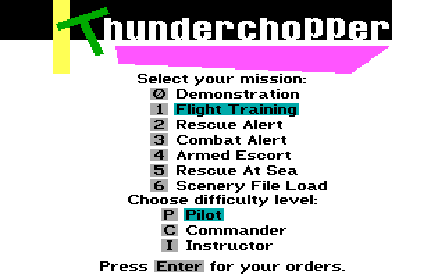 Thunderchopper IBM PC/Compatibles Screenshot: The main game menu.