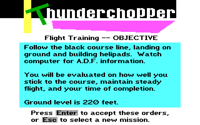 Thunderchopper IBM PC/Compatibles Screenshot: Flight training mission objective.