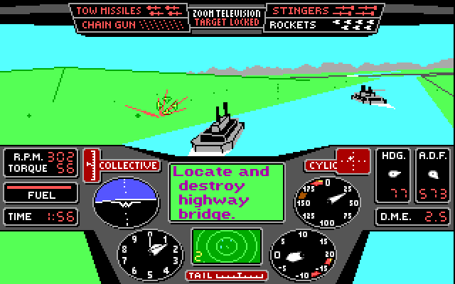 Thunderchopper IBM PC/Compatibles Screenshot: Locate and destroy a bridge...