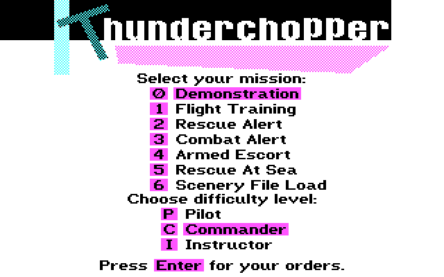 Thunderchopper IBM PC/Compatibles Screenshot: The main game menu.