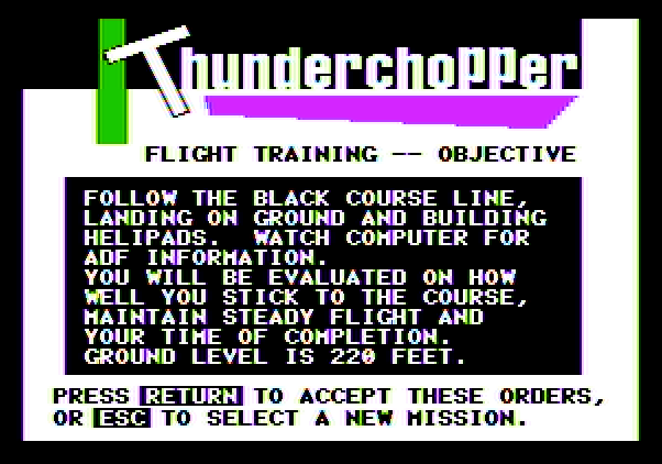 Thunderchopper Apple II Screenshot: Training mission objective.