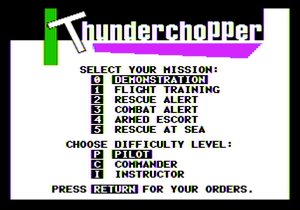 Thunderchopper Apple II Screenshot: The main game menu.
