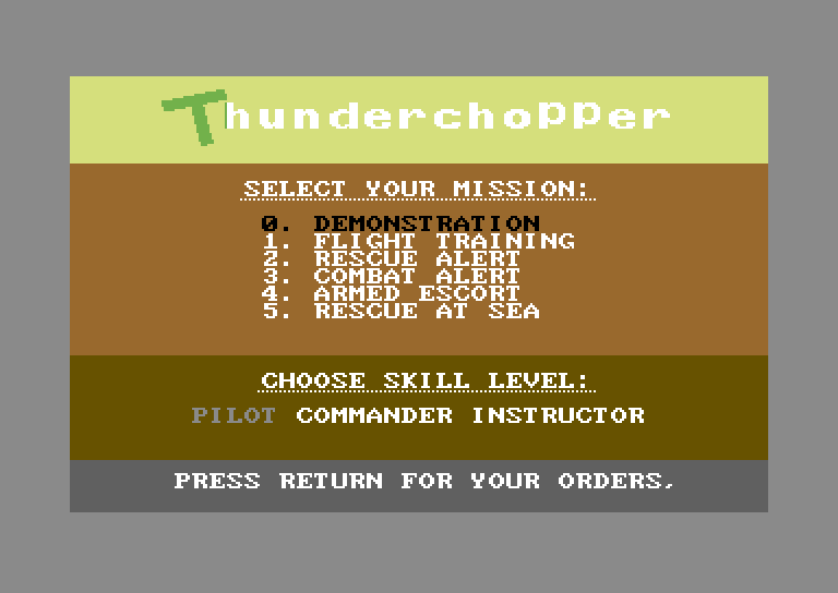 Thunderchopper Commodore 64 Screenshot: The main game menu.