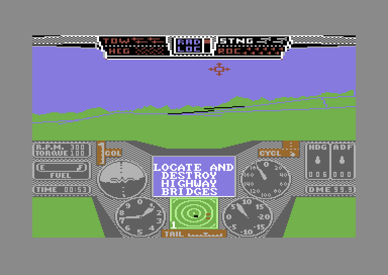 Thunderchopper Commodore 64 Screenshot: Locate bridges and destroy them...