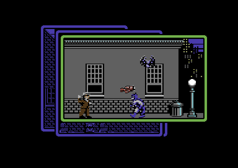 Batman: The Caped Crusader Commodore 64 Screenshot: Watch out for thrown knives and flying creatures!