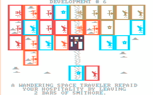 M.U.L.E. IBM PC/Compatibles Screenshot: A wandering space traveler came to visit...