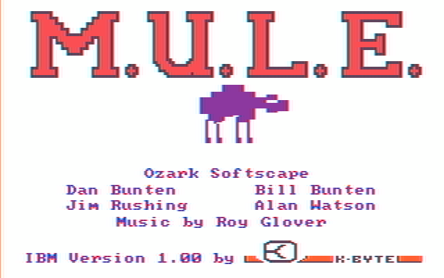 M.U.L.E. IBM PC/Compatibles Screenshot: Title screen; the game title flashes different colors.