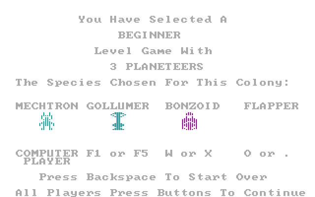 M.U.L.E. IBM PC/Compatibles Screenshot: Ready to begin the game?