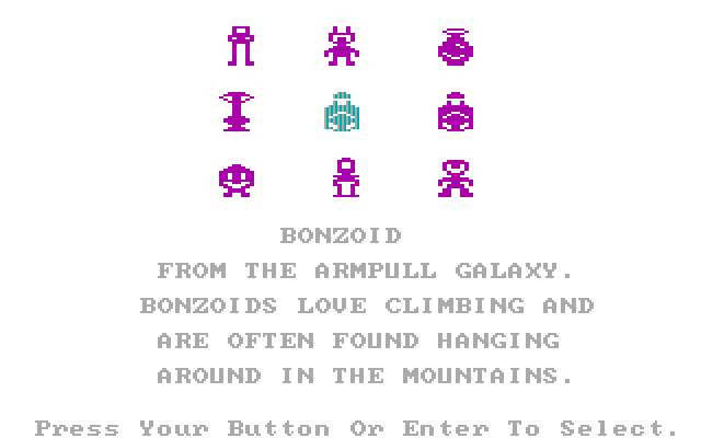 M.U.L.E. IBM PC/Compatibles Screenshot: Selecting characters.
