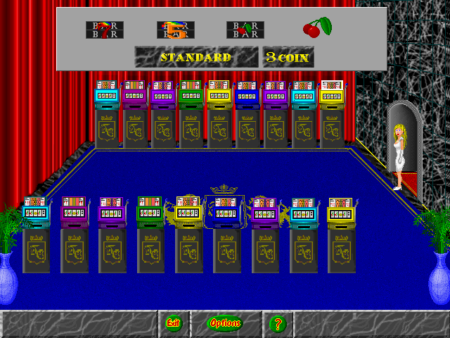 Trump Castle 3 IBM PC/Compatibles Screenshot: This is the 5 wheel slot machine room.