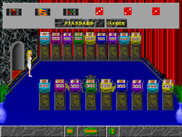 Trump Castle 3 IBM PC/Compatibles Screenshot: This is the 3 wheel slot machine room.