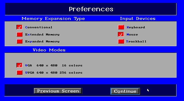 Trump Castle 3 IBM PC/Compatibles Screenshot: Video, memory, and other settings.