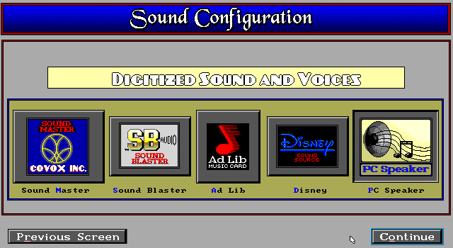 Trump Castle 3 IBM PC/Compatibles Screenshot: Selecting sound card configuration.
