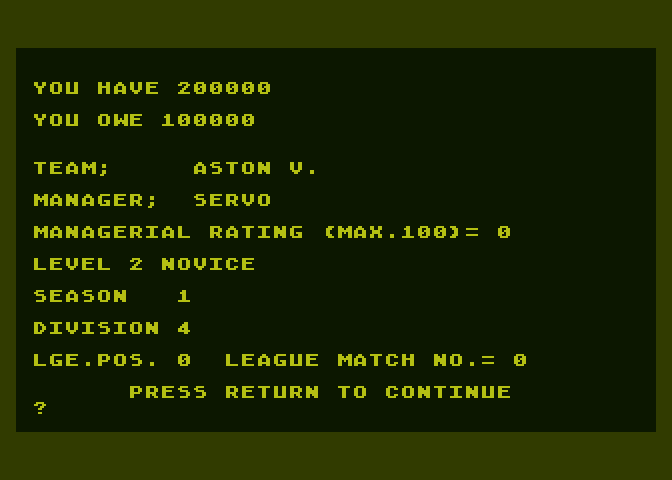 Football Manager Atari 8-bit Screenshot: My financial status...
